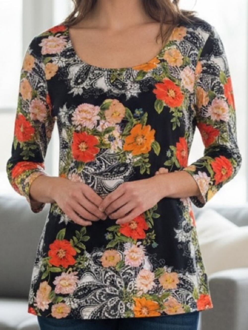 Boston Proper NWOT Black Floral Scoop Neck 3/4 Sleeve Paisley T-shirt Large